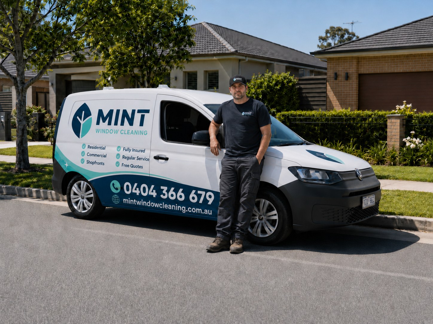 David, founder of Mint Window Cleaning, in front of the Mint Window Cleaning van