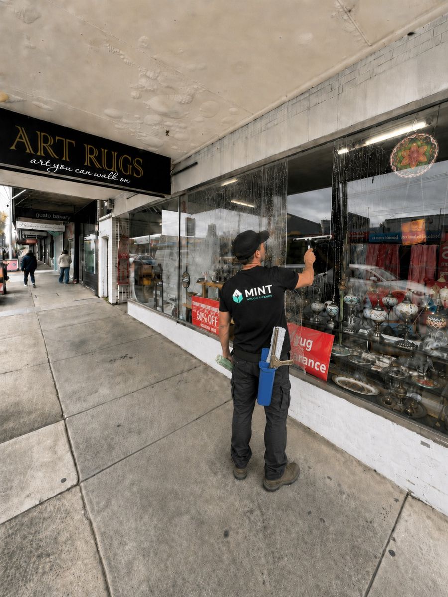 Mint Window Cleaning technician cleaning a Fairfield shopfront window on Station Street