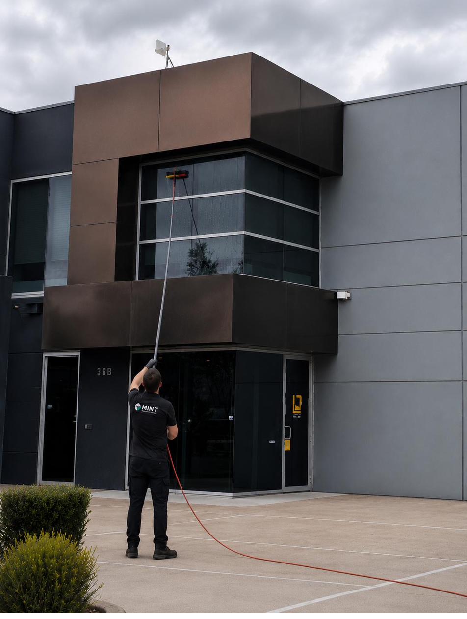 Mint Window Cleaning technician using a water-fed pole system on a Melbourne building